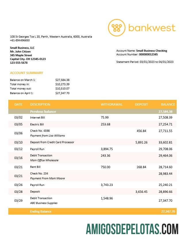 Em branco Bankwest Business Bank Statement modelo Word e PDF